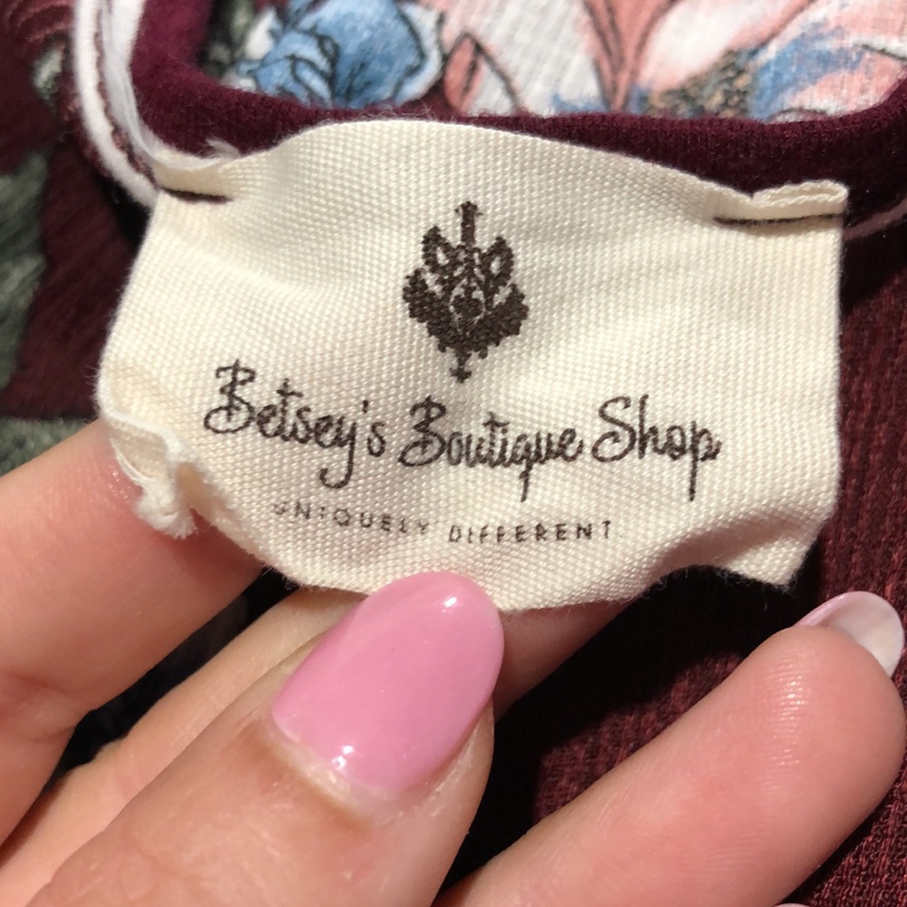 BETSEY JOHNSON Women’s Floral & Striped Burgundy Long-Sleeve Blouse